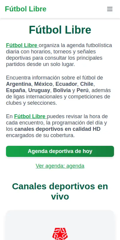 The Fútbol Libre home page in the app, with the green Agenda deportiva de hoy button and the list of countries the service covers