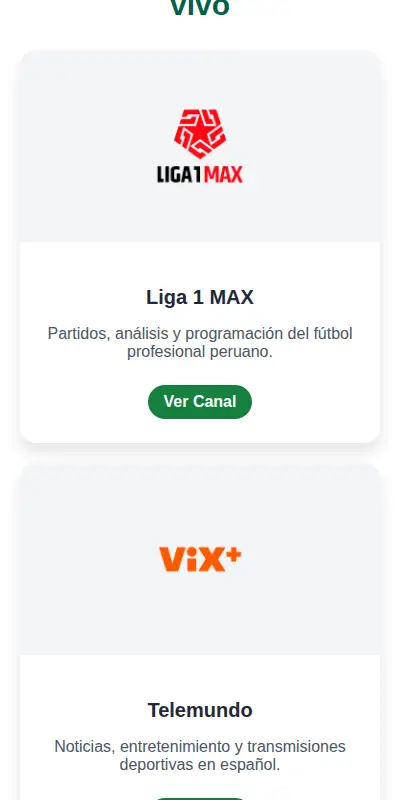 Channel cards on the Fútbol Libre service, showing Liga 1 MAX and the Telemundo card with its Ver Canal button