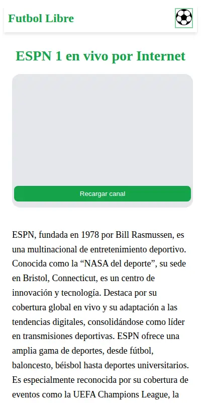 The ESPN 1 channel page on Fútbol Libre, with the player area and the green Recargar canal reload button